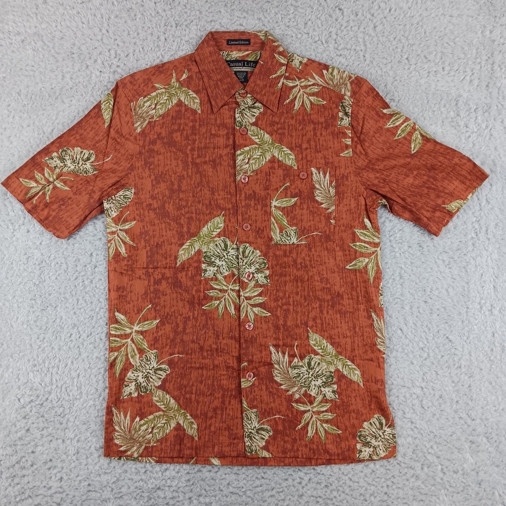 Casual Life Weekender Mens‎ S Orange Floral Hibiscus Hawaiian Shirt Cotton Blend